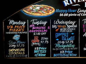 Vancouver, BC Canada pub menu featuring craft beers, food options, and happy hour specials, designed with custom chalkboard art and realistic food chalk illustrations
