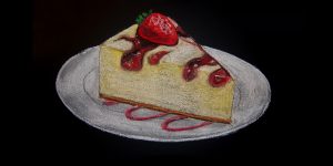 realistic cafe chalk illustration of a strawberry cheesecake dessert on a plate in Vancouver, BC Canada